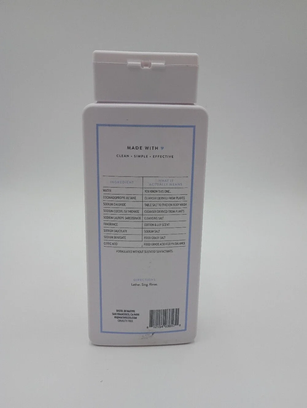 Native Body Wash Cotton And Lilly - Sulfate Free - 18 fl oz